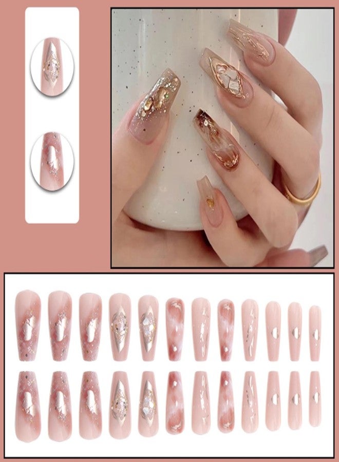 YoYoee Medium Full Cover Nails Tips Luxury Nude False Nails Marble Nails Coffin Press on Nails Gradient Fake Nails for Women and Girls 24PCS - Image 2
